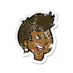 retro distressed sticker of a cartoon happy boy face