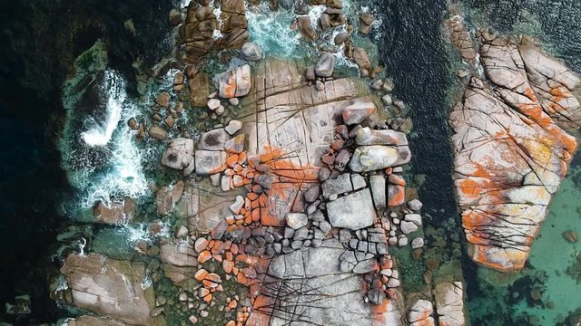 Aerial of Bay of Fires bright orange rocks with waves in rock pools in the sea. Binalong Bay, Tasmania, Australia