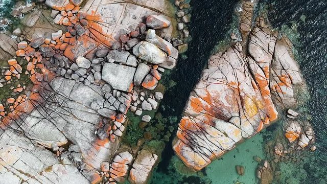 Aerial of Bay of Fires bright orange rocks with waves in rock pools in the sea. Binalong Bay, Tasmania, Australia