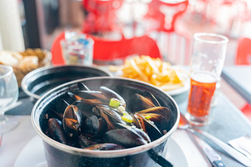 Close up shot of many delicious mussels