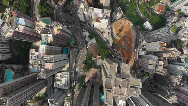 day time hong kong city downtown traffic streets aerial topdown panorama 4k