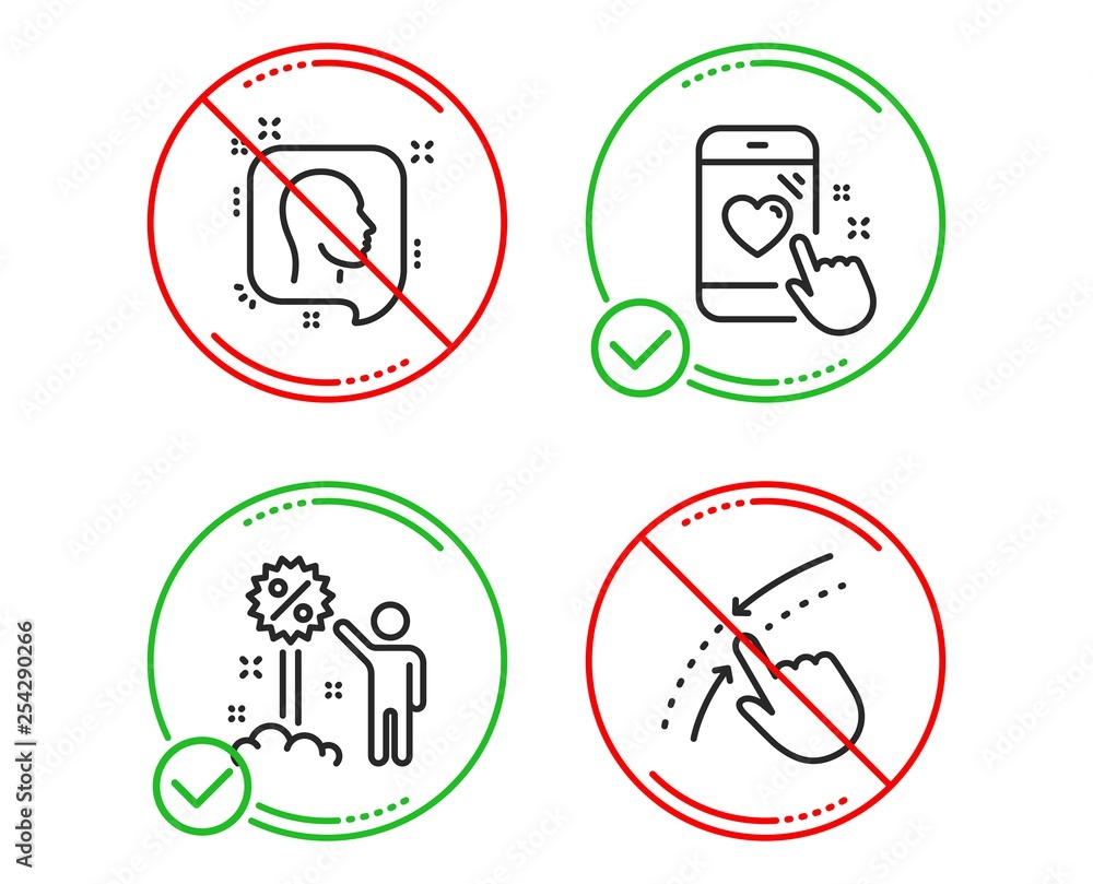 Poster do or stop. head, heart rating and discount icons simple set. swipe up sign. profile messages, phone