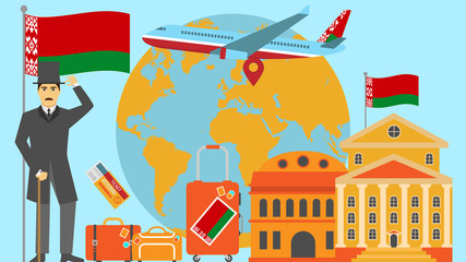 Welcome to Belarus postcard. Travel and safari concept of Europe world map vector illustration with national flag