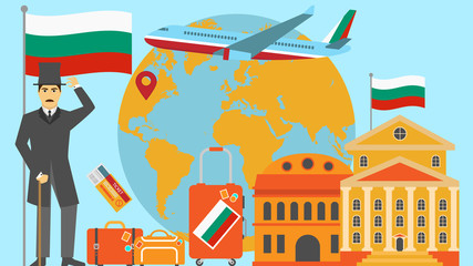 Fototapeta premium Welcome to Bulgaria postcard. Travel and safari concept of Europe world map vector illustration with national flag