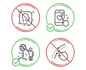 Do or Stop. Head, Heart rating and Discount icons simple set. Swipe up sign. Profile messages, Phone feedback, Sale shopping. Touch down. Business set. Line head do icon. Prohibited ban stop. Vector