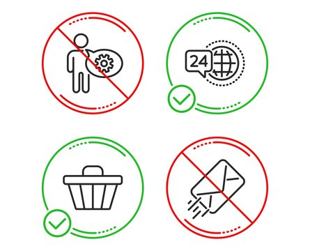 Do or Stop. 24h service, Cogwheel and Shop cart icons simple set. E-mail sign. Call support, Engineering tool, Web buying. Mail delivery. Business set. Line 24h service do icon. Prohibited ban stop