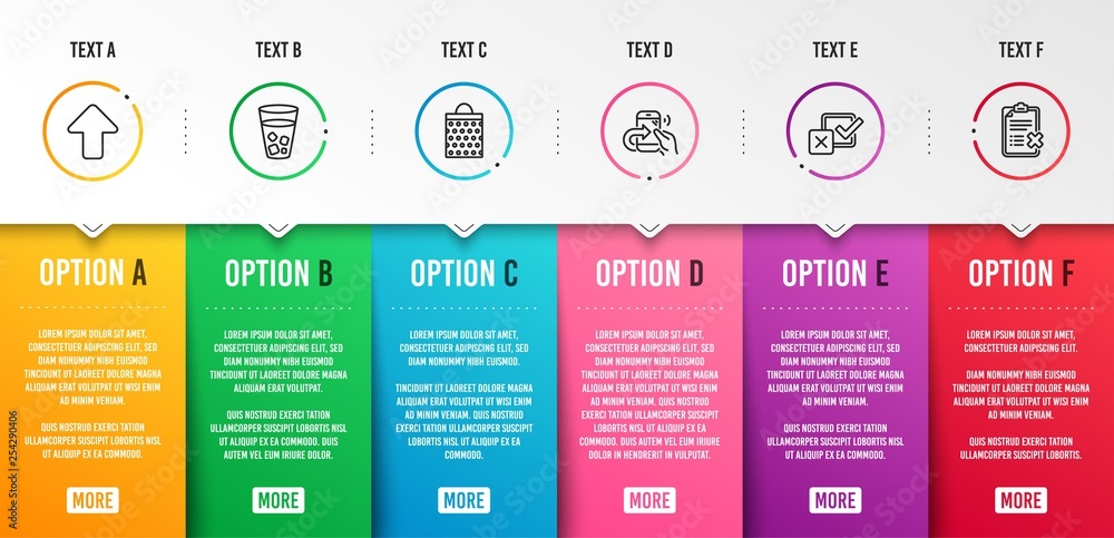 Poster ice tea, upload and share call icons simple set. checkbox, shopping bag and reject checklist signs. 