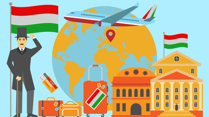 Welcome to Hungary postcard. Travel and safari concept of Europe world map vector illustration with national flag