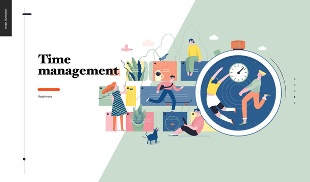 Technology 1 -Time management - modern flat vector concept digital illustration of time management metaphor, a stopwatch, timeline and people in workflow. Creative landing web page design template