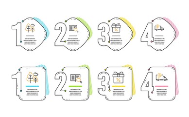 Discount offer, Tree and Search text icons simple set. Truck parking sign. Gift box, Forest plants, Open book. Free park. Business set. Infographic timeline. Line discount offer icon. Vector