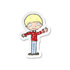 retro distressed sticker of a cartoon happy waving boy