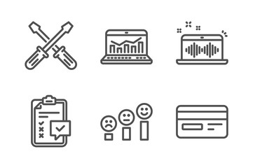 Web analytics, Music making and Screwdriverl icons simple set. Customer satisfaction, Checklist and Credit card signs. Statistics, Dj app. Business set. Line web analytics icon. Editable stroke