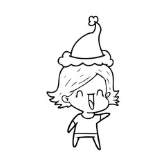 line drawing of a happy woman wearing santa hat