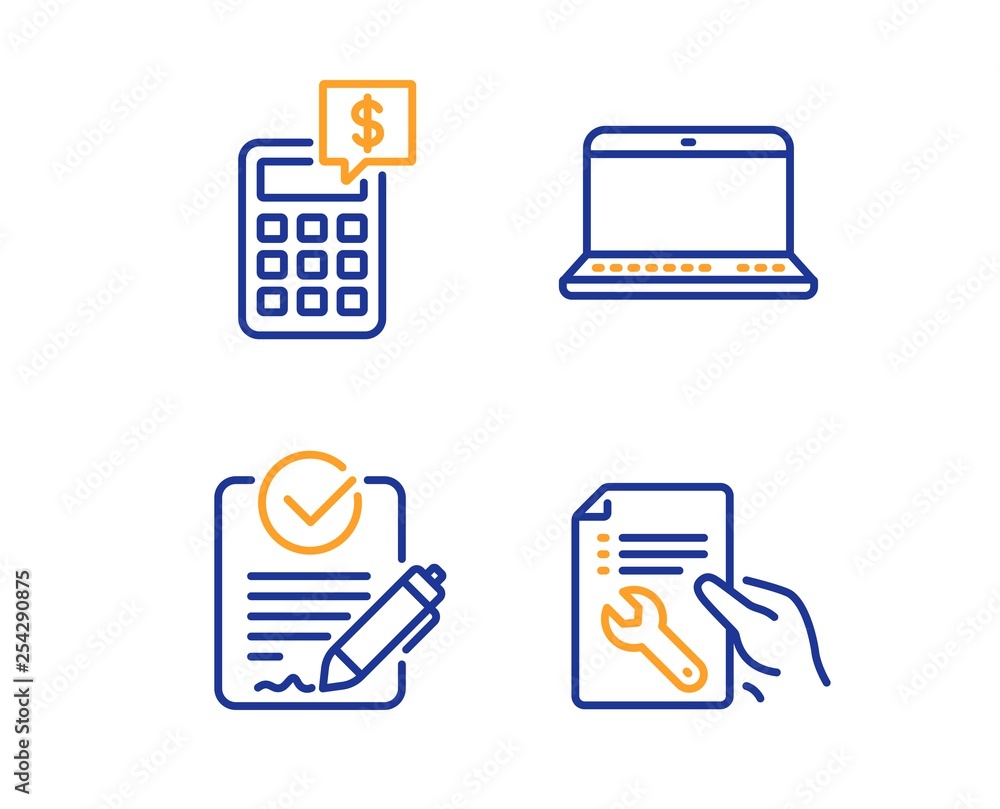 Poster rfp, notebook and calculator icons simple set. repair document sign. request for proposal, laptop co