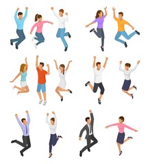 Jumping people vector happy woman or man character in activity of happiness and freedom illustration set of energy adults smiling men and women jump isolated on white background