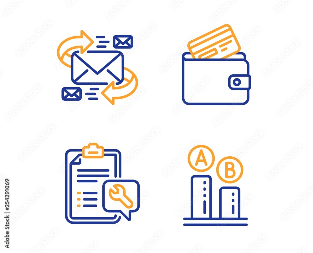 Poster e-mail, debit card and spanner icons simple set. ab testing sign. communication by letters, wallet w
