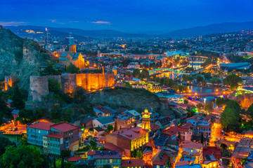 Panoramic view of Tbilisi, Georgia after sunset