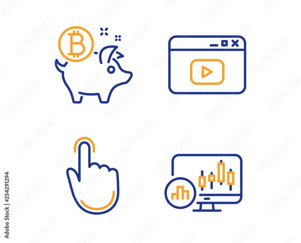 Poster bitcoin coin, hand click and video content icons simple set. candlestick chart sign. piggy bank, loc