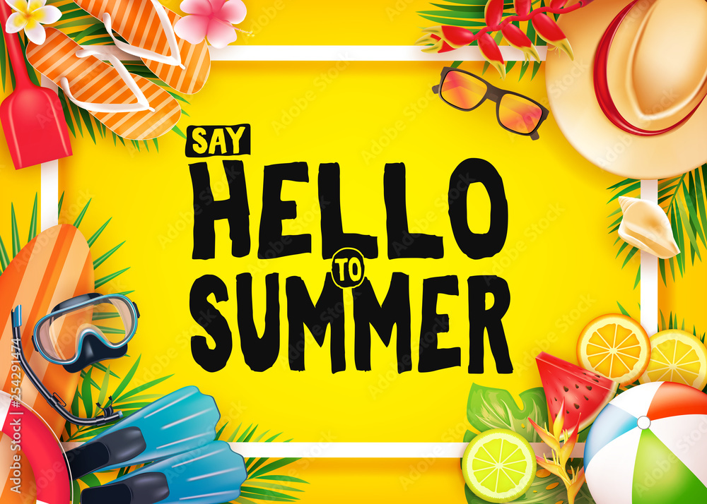 Poster hello summer top view realistic vector banner in yellow background with frame and tropical elements 
