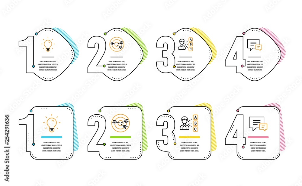 Poster light bulb, targeting and opinion icons simple set. comment sign. lamp energy, target with arrows, c