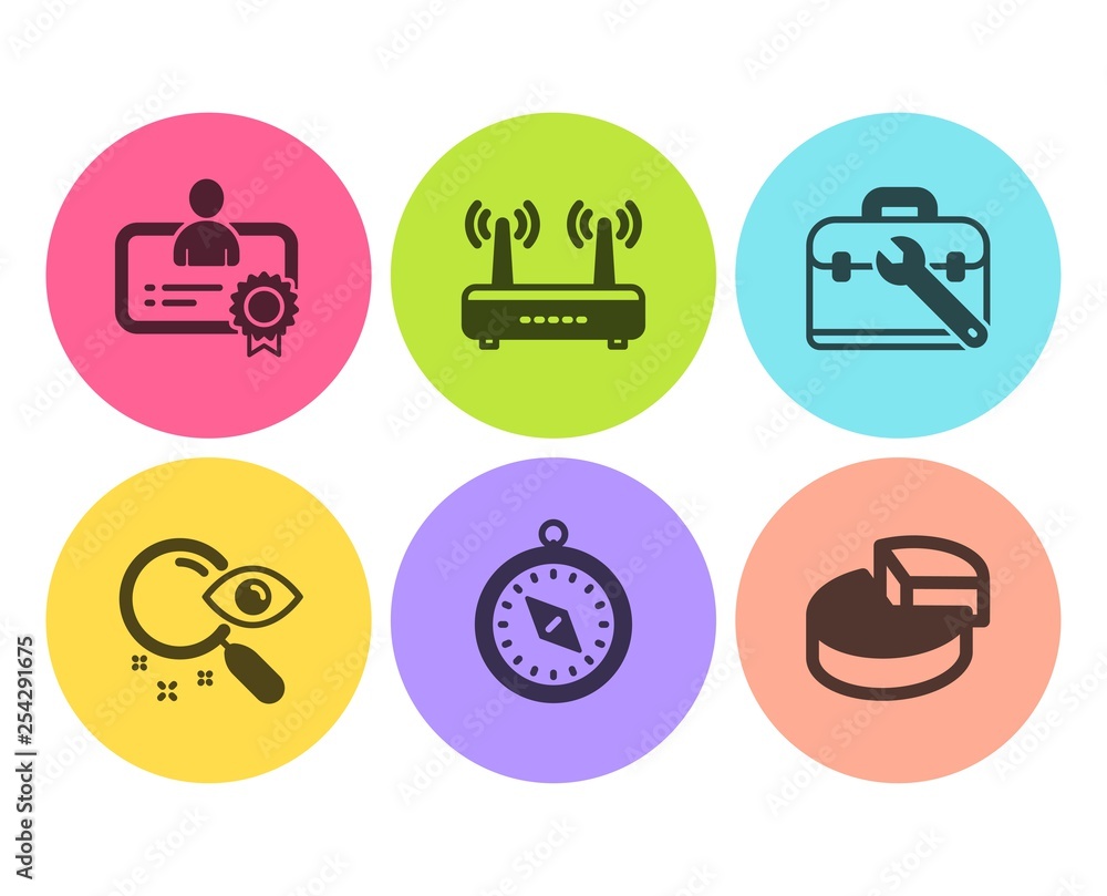 Poster certificate, wifi and travel compass icons simple set. search, tool case and pie chart signs. best e