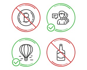Fototapeta premium Do or Stop. Air balloon, Bitcoin and People icons simple set. Whiskey bottle sign. Flight travel, Cryptocurrency coin, Support job. Scotch alcohol. Business set. Line air balloon do icon. Vector