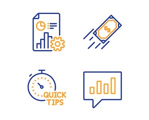 Report, Quick tips and Fast payment icons simple set. Analytical chat sign. Presentation document, Helpful tricks, Finance transfer. Communication speech bubble. Education set. Linear report icon
