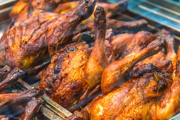 Roasted chicken on supermarket display