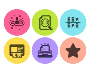 Analytics chart, Recruitment and Typewriter icons simple set. Parking place, Atm and Star signs. Report analysis, Manager change. Technology set. Flat analytics chart icon. Circle button. Vector