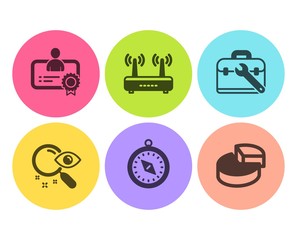 Certificate, Wifi and Travel compass icons simple set. Search, Tool case and Pie chart signs. Best employee, Internet router. Technology set. Flat certificate icon. Circle button. Vector