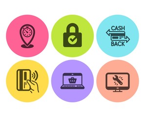 Timer, Password encryption and Online shopping icons simple set. Cashback card, Contactless payment and Monitor repair signs. Location pointer, Protection locker. Technology set. Flat timer icon