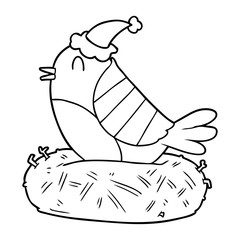 line drawing of a bird sitting on nest wearing santa hat