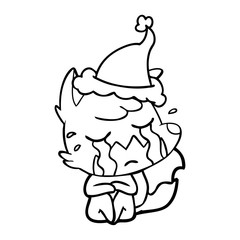 crying fox line drawing of a wearing santa hat