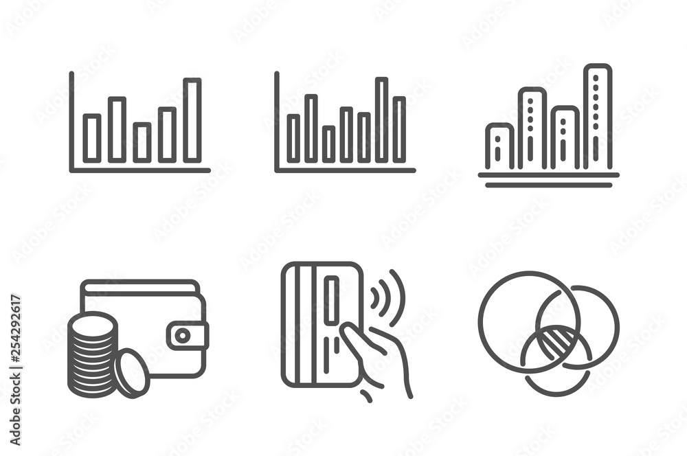Poster payment method, graph chart and contactless payment icons simple set. bar diagram, column chart and 