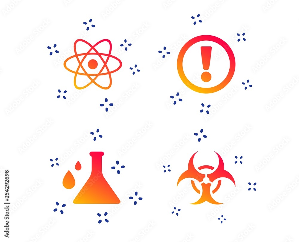 Aufkleber attention and biohazard icons. chemistry flask sign. atom symbol. random dynamic shapes. gradient bi
