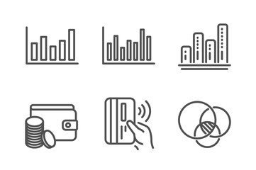 Payment method, Graph chart and Contactless payment icons simple set. Bar diagram, Column chart and Euler diagram signs. Wallet with coins, Growth report. Finance set. Line payment method icon