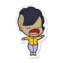 sticker of a cartoon cool hipster girl talking