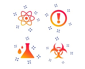 Attention and biohazard icons. Chemistry flask sign. Atom symbol. Random dynamic shapes. Gradient biohazard icon. Vector