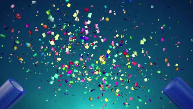 Confetti cannons fire confetti in the air - blue background