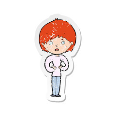 retro distressed sticker of a cartoon woman making Who Me gesture