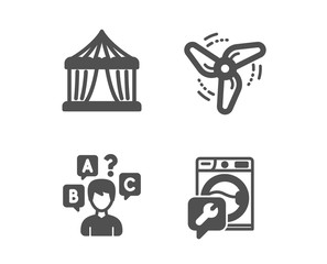 Set of Quiz test, Circus tent and Wind energy icons. Washing machine sign. Interview, Attraction park, Ventilator. Repair service.  Classic design quiz test icon. Flat design. Vector