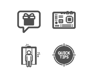 Set of Motherboard, Wish list and Elevator icons. Tips sign. Computer component, Present box, Lift. Quick tricks.  Classic design motherboard icon. Flat design. Vector