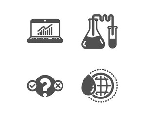 Set of Chemistry lab, Online statistics and Quiz test icons. World water sign. Medical laboratory, Computer data, Select answer. Aqua drop.  Classic design chemistry lab icon. Flat design. Vector