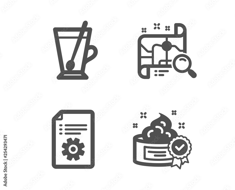 Poster set of technical documentation, tea mug and search map icons. cream sign. manual, cup with teaspoon,