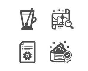 Set of Technical documentation, Tea mug and Search map icons. Cream sign. Manual, Cup with teaspoon, Find address. Best lotion.  Classic design technical documentation icon. Flat design. Vector