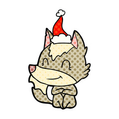friendly comic book style illustration of a wolf wearing santa hat