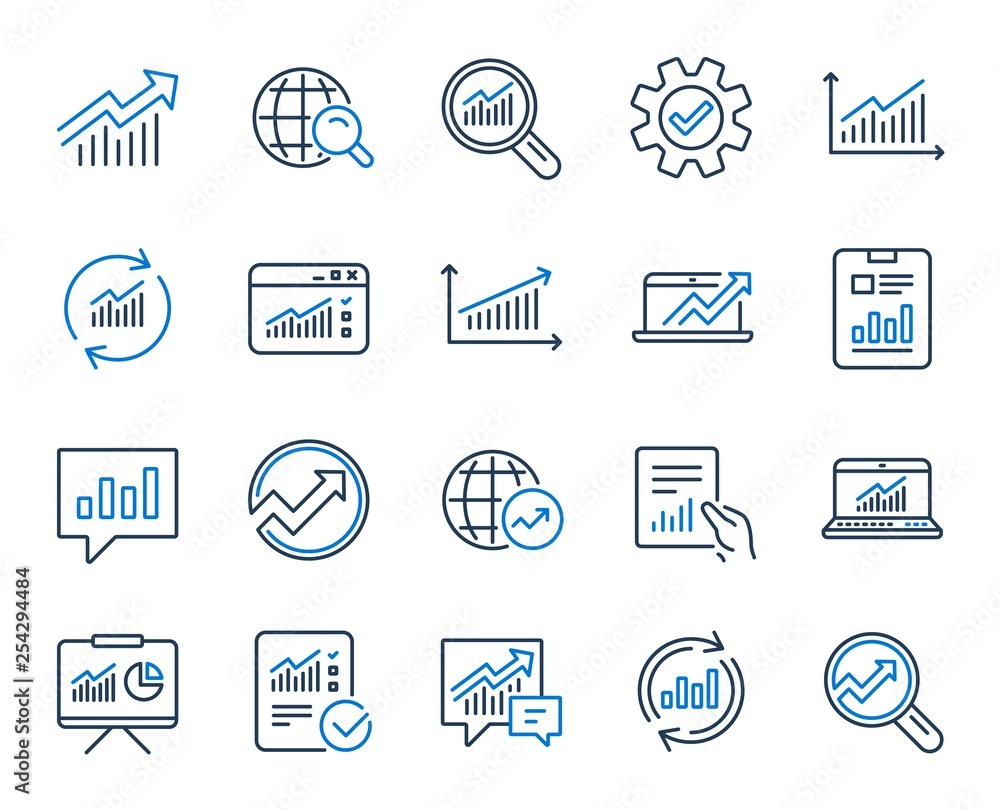 Poster analytics, statistics line icons. set of chart, report document and graph icons. data analytics, pre