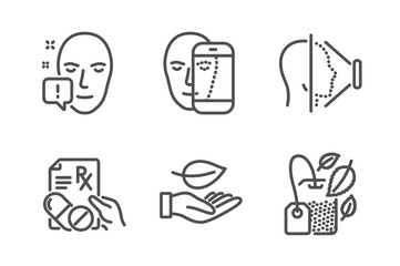 Face id, Leaf and Face attention icons simple set. Prescription drugs, Mint bag signs. Phone scanning, Plant care. Healthcare set. Line face id icon. Editable stroke. Vector