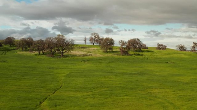Aerial Shot of road leading to green rolling hills with blue sky and white clouds and trees on country road