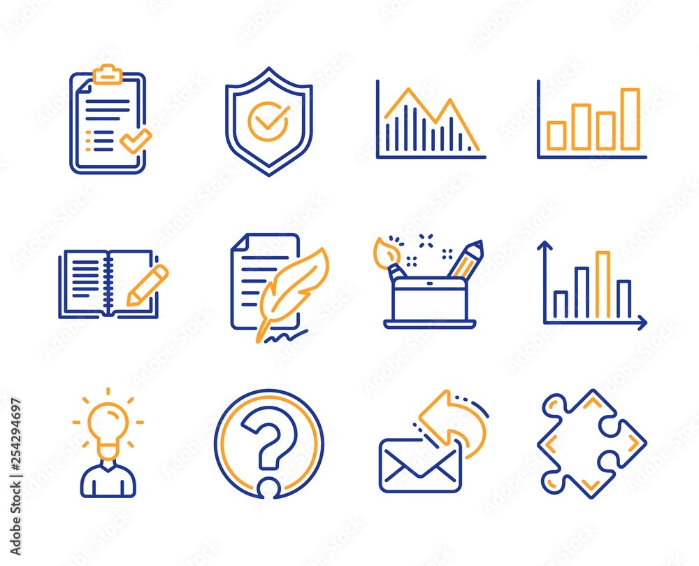 Poster creativity concept, feather signature and question mark icons simple set. approved shield, report di